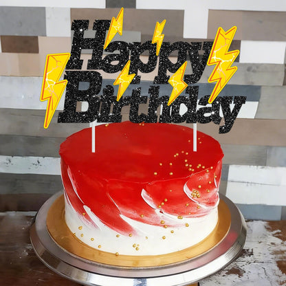 Skiennix Glitter Black Lightning Bolt Cake Toppers - Fun Birthday Party Decorations for Kids