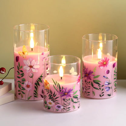Eywamage Pink Floral Glass Flameless Candles with Remote, Flickering Spring LED Pillar Candles Battery Operated Home Decor Set of 3