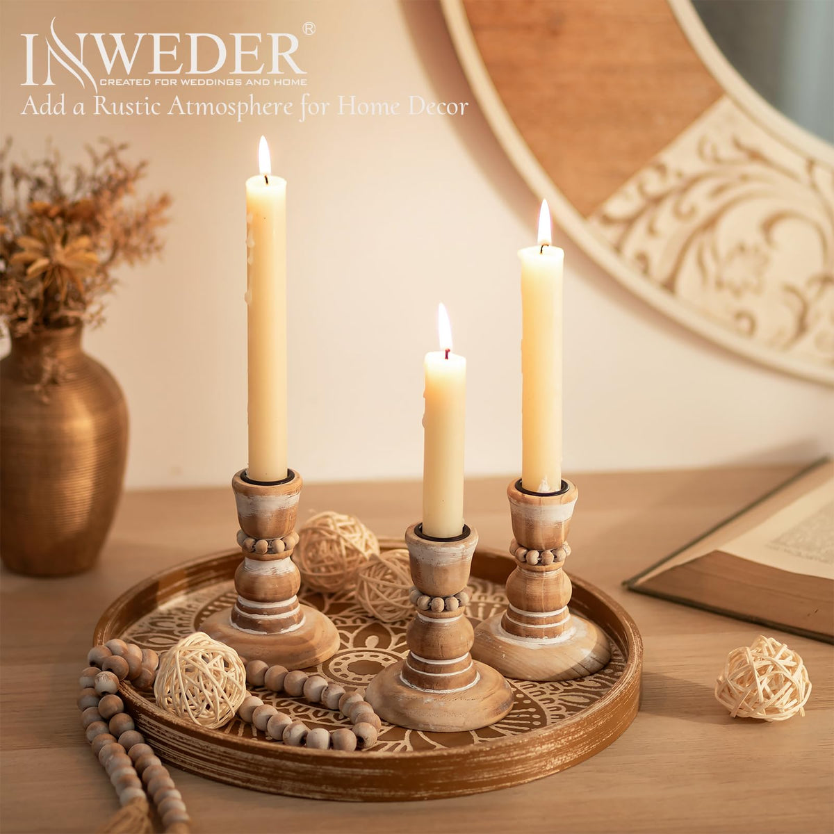 Inweder Wooden Taper Candle Holders: Rustic Wood Candlestick Holders Farmhouse Fall Decor for Living Room Dinning Table Centerpiece Christmas Set of 2