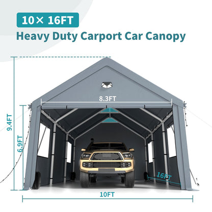10x16FT Heavy Duty Carport Canopy,Extra Large Portable Car Tent Garage with Roll-up Windows and All-Season Tarp Cover,Removable Roof&Side Wall for Car, SUV,Boats&Truck Shelter Logic Storage