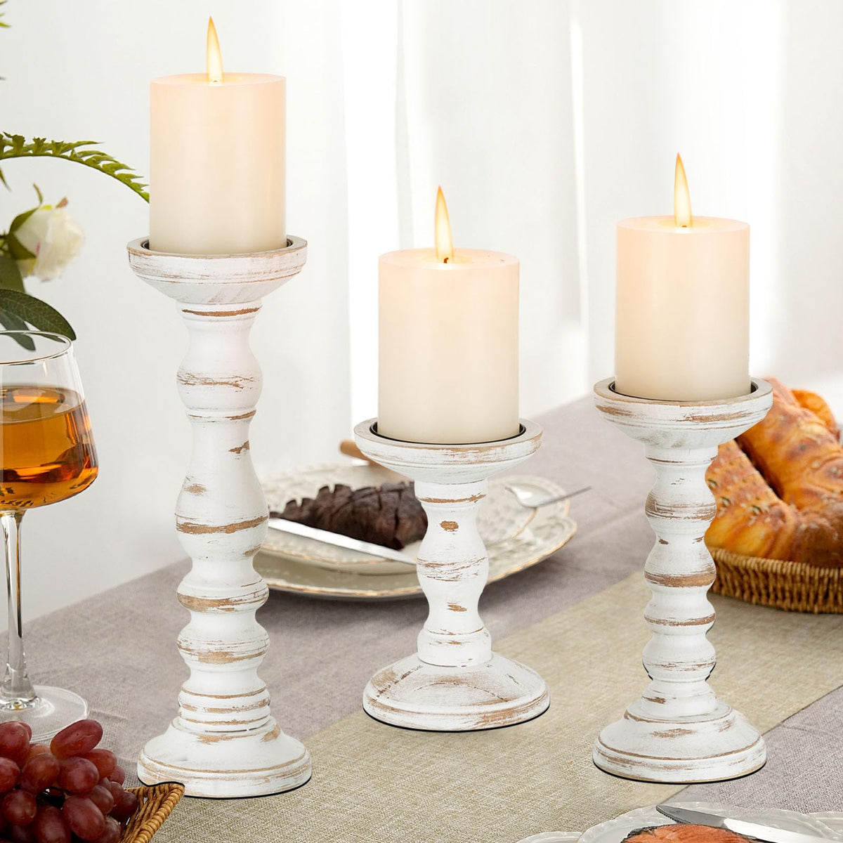 Romadedi Wood Candle Holders for Pillar Candles - Set of 3 Tall Farmhouse Wooden Candlestick Holder, Rustic Candle Stand for Fireplace Mantle Shelf Table Home Decor, Brown Whitewashed 6"/ 8.3"/11.8"