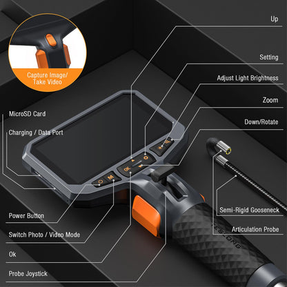 Teslong 10FT Articulating Borescope with Light, 0.25inch Two-Way Mechanic Endoscope Inspection Camera with Articulated Probe, Flexible Fiber Optic Snake Scope Cam for Wall Automotive Engine Inspect