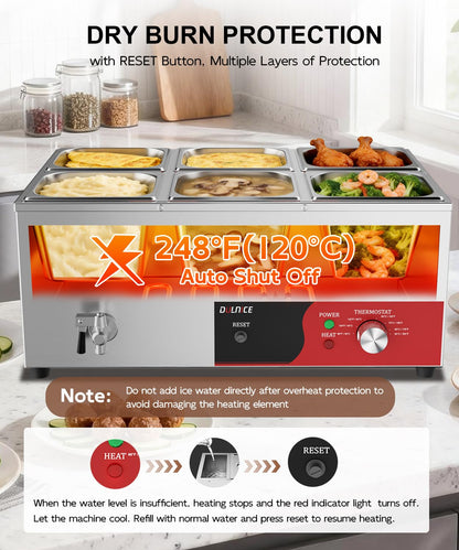 DULNICE 6-Pan Commercial Food Warmer, 1500W Stainless Steel Bain Marie with Anti-Dry Burn and Reset Button, Countertop Soup Warmer with Drain Tap, Soup Spoon for Buffet, Catering, Parties, Restaurants