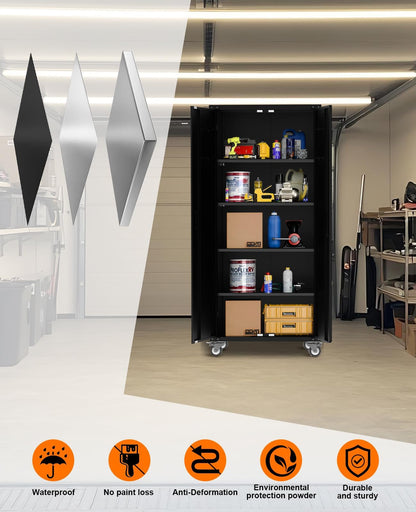Garvee 72 in Tall Garage Storage Cabinet – 600 LB Capacity Metal Tool Cabinet with Magnetic Lock, 4 Adjustable Shelves & Wheels, Heavy-Duty Steel Storage for Workshop, Home & Office