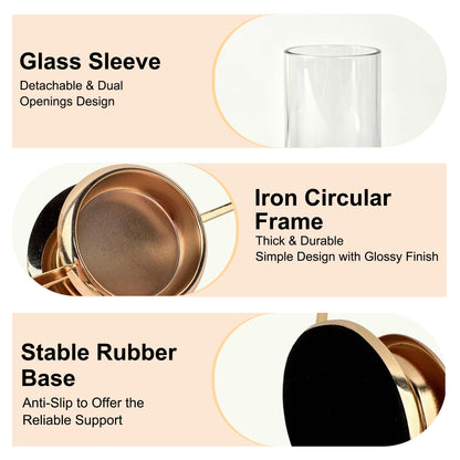 HiSnug Hurricane Candle Holders Set - Circular Metal Candlestick Holders with Glass Sleeve, 2PCS Simple Decorative Candleholder for Dining Table Centerpiece Shelf Home Decor, 2PCS, L+L, Gold
