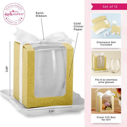 Kate Aspen, Gold Shimmer Display Gift Box, Gift/Party Favor, can hold 9 oz. Stemless Wine Glass (Set of 12)