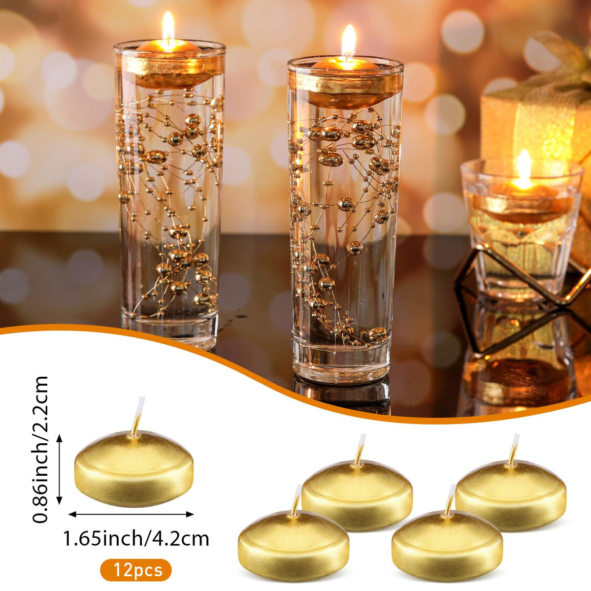 Nuanchu 12 Pieces 1. 65 Inch Floating Candles for Wedding Centerpiece, Small Unscented Floating Round Tealights Metallic Smooth Wax Disc Candles for Graduation Dinner Home Decor(Gold)