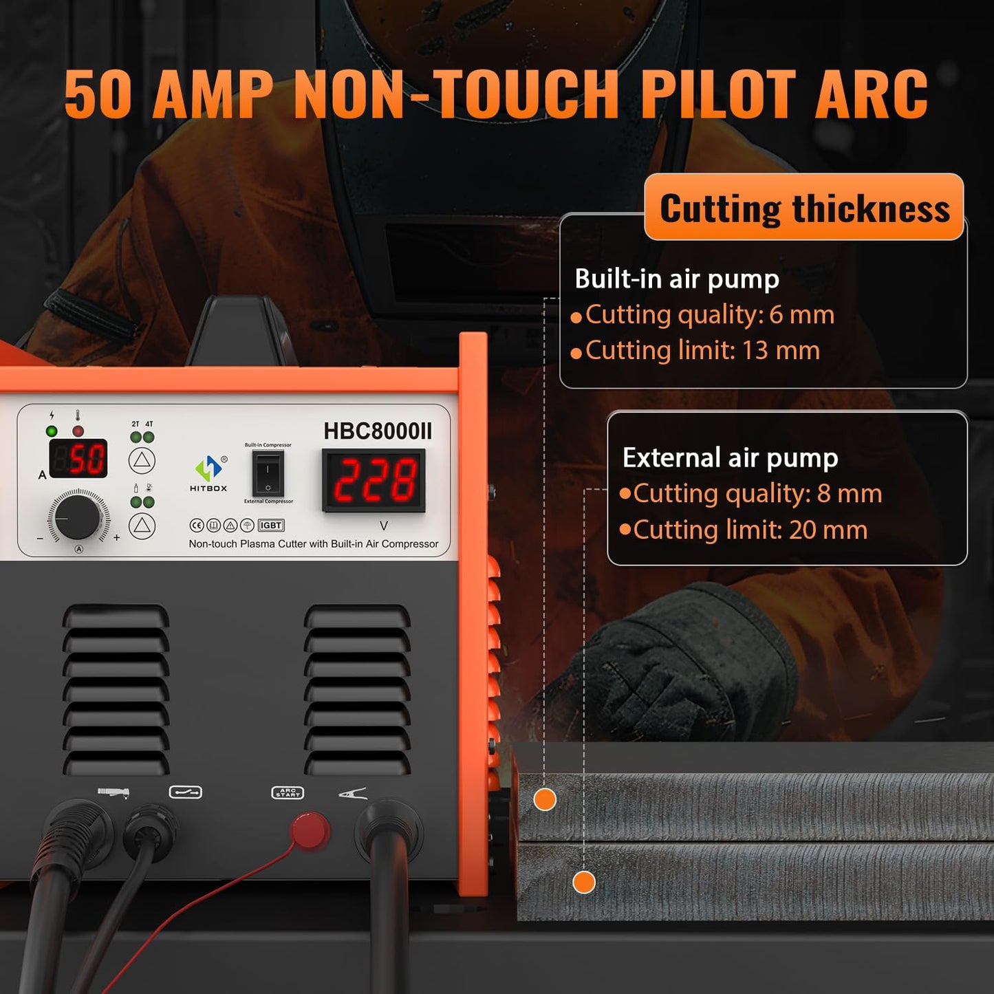 HITBOX Plasma Cutter with Built-In Air Compressor, Non-Touch Pilot Arc 50 Amp 220V Digital Inverter IGBT Clean Cut Plasma Cutting Machine