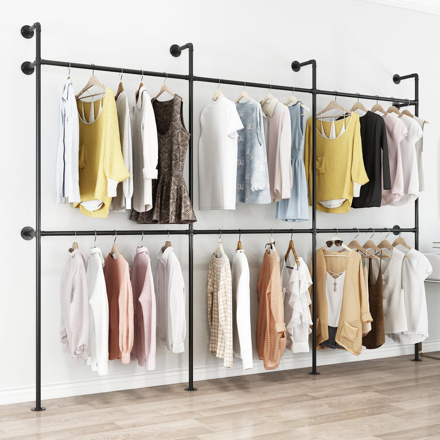 ORSENIGO Industrial Pipe Clothing Rack, Heavy Duty Metal Clothes Rack with Double Rods for Hanging Clothes, Wall Mount Space-Saving Garment Display Rack (Three, Black)