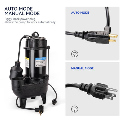 Acquaer Sewage Pump, Cast Iron, Automatic Tethered Float Switch, Sewage Effluent Pump for Sump Basin, Basement, Residential Sewage, 2'' NPT Discharge, Dark