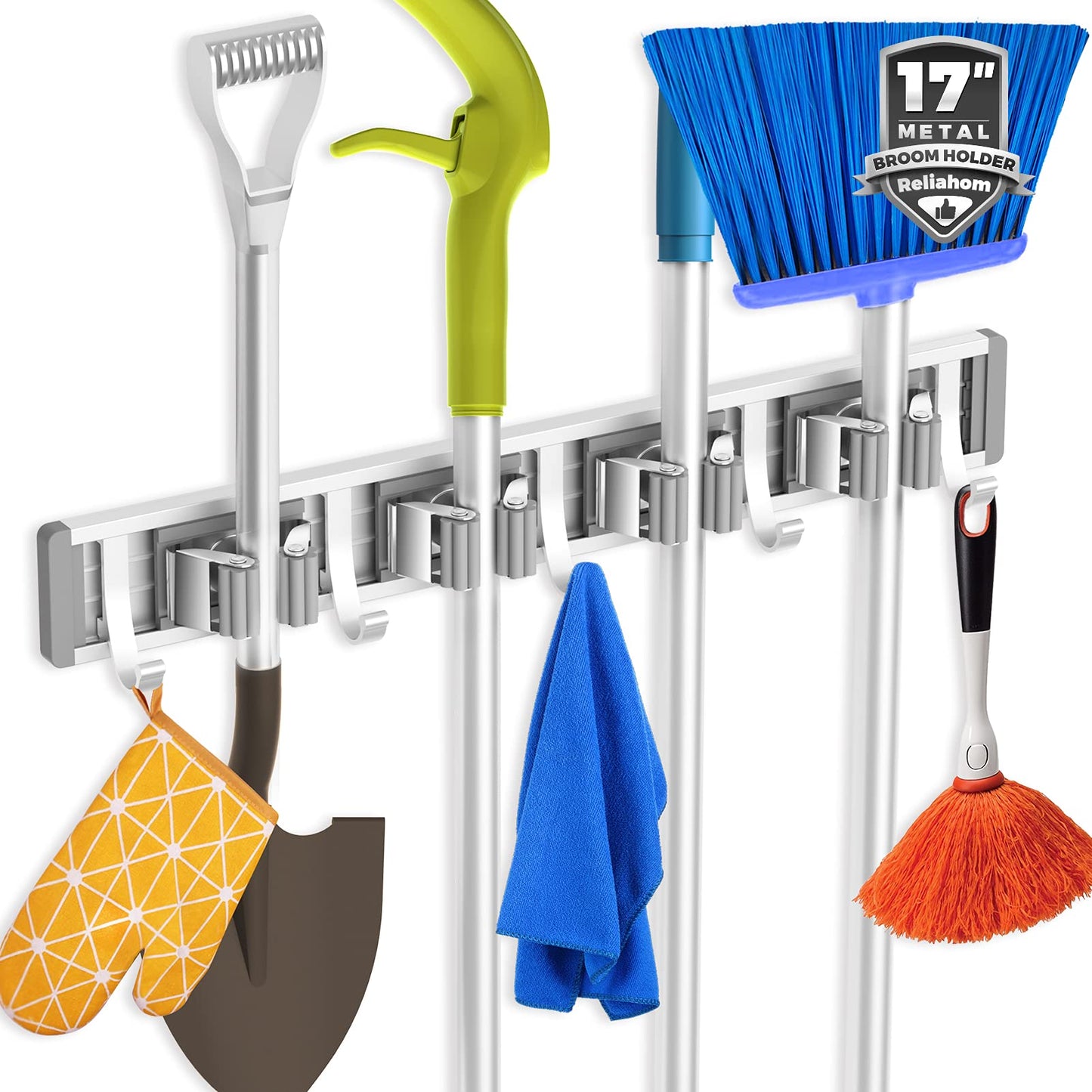 reliahom Broom Holder Wall Mount Mop and Broom Hanger Wall Mounted Garage Storage Rack Kitchen Garden Tool Organizer (4 Racks with 5 Hooks, Silver)