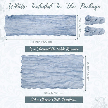Windkream 2 Cheesecloth Table Runners and 24 Napkins Set, 10Ft Boho Cheese Cloth Table Runners 20 x 20 Inch Rustic Wrinkled Gauze Napkins for Wedding Birthday Baby Shower Party Decor (Dusty Blue)