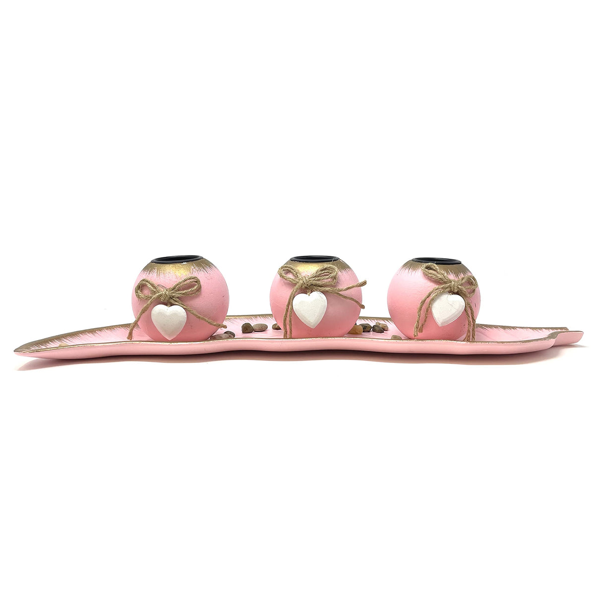 allgala Wooden Candle Holder Tray 3 Ball Orbs Set Tealight Candle Holder Centerpiece with Pebbles on Leaf Tray for Coffee Table Dining Table Accents Bowl for Living Room Décor-Pink-HD90407