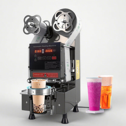 Cup Sealing Machine, Full Automatic Cup Sealer Machine 90/95mm Electric boba Cup Sealing Machine 500-650 Cups/H Digital Control LCD Panel Suitable for Bubble tea, Coffee, Drinks, Desserts (Black)