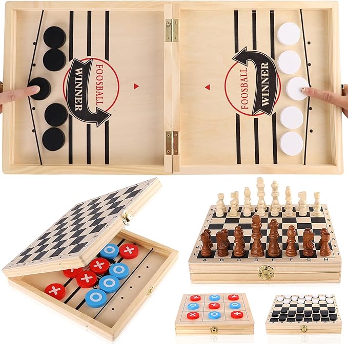 Sling Puck Game Chess Checkers Game Set 4 in 1 Board Game Fast Hockey Table Game Tic Tac Toe Slingshot Chess Set for Kids