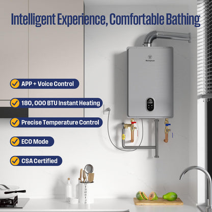 Westinghouse Smart Tankless Water Heater Propane Indoor, 7.9 GPM 180,000 BTU, WiFi App Control, ±1°F Temp Stability, Non-Condensing Whole Home Instant Hot Water Heater for 3-5 Fixtures