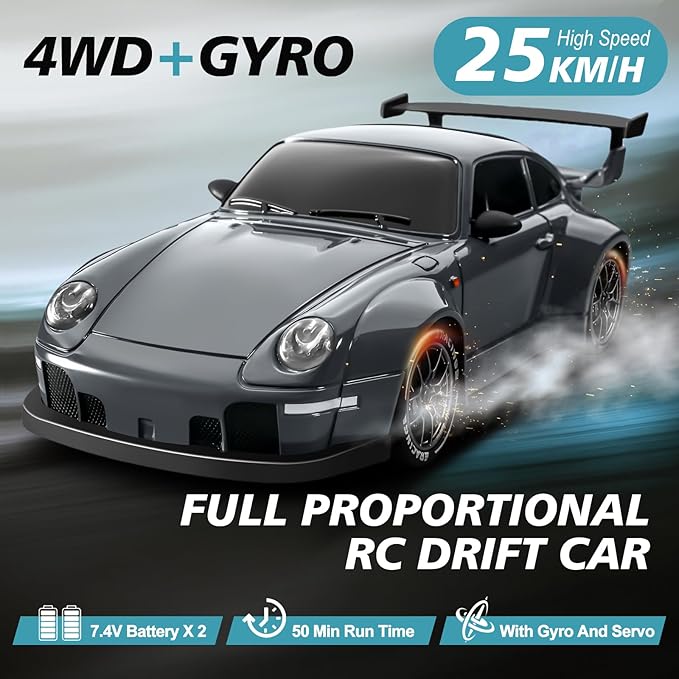 ACAMMZAR RC Drift Car Pro Upgraded with Gyro 1:24 Full Proportional Remote Control Car 25KM/H 4WD High Speed RC Cars with Lights Extra Racing Tires Vehicle for Adults Kids Boys Girls Gray