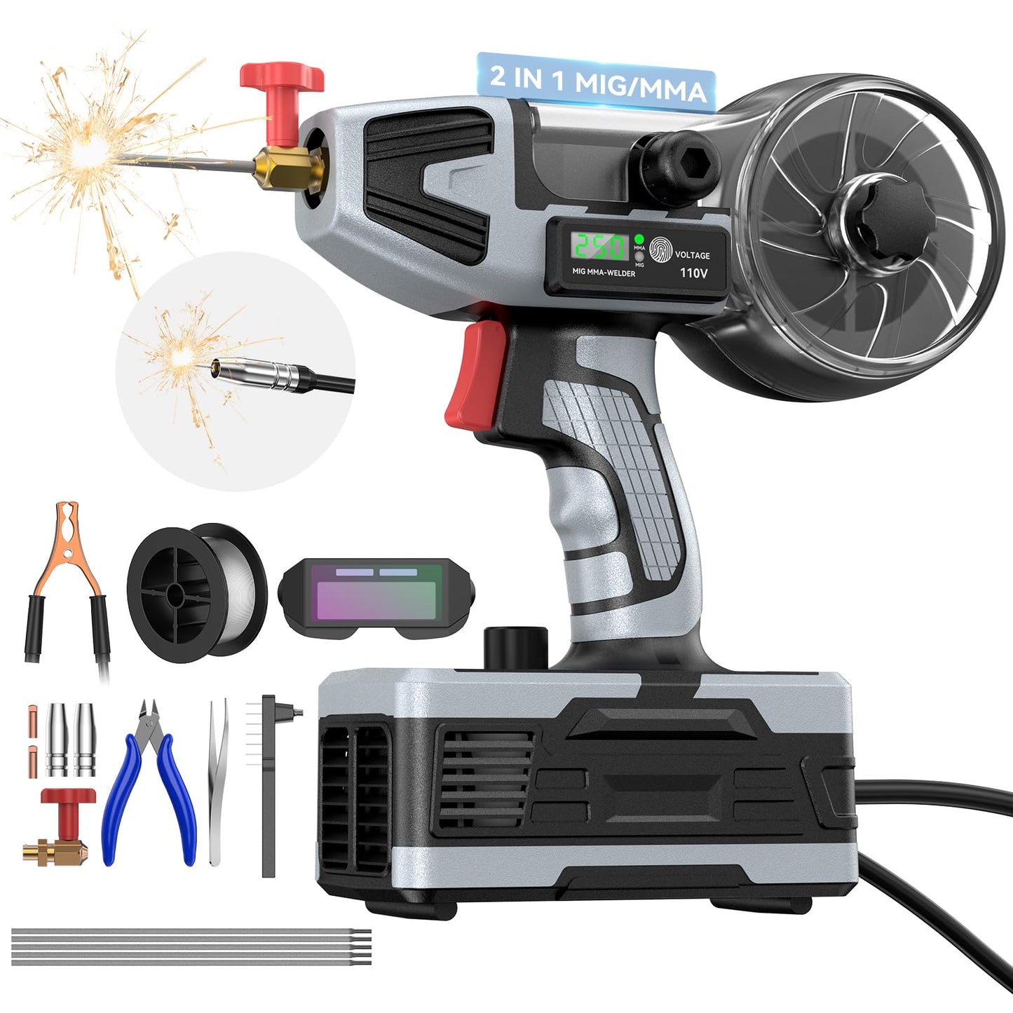 PLOWIC 2 in 1 MIG and Stick Welder: 250A Handheld Portable Welding Machine, 110V Gasless Flux Core Wire Feed Welder & MMA ARC Welder Gun, 3.97lb w/LCD Display, for .032"/.040" Wire and 3/32"-1/8" Rod