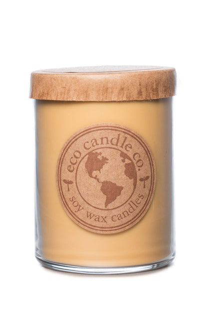 ECO CANDLE CO. Recycled Candle, Caramel Rum Cake, 18 oz. Double Wick - Scents of Caramel, Rum, Maple, Almond, Pear, & Vanilla - 100% Soy Wax, No Lead, Kraft Paper Label & Lid, Hand Poured