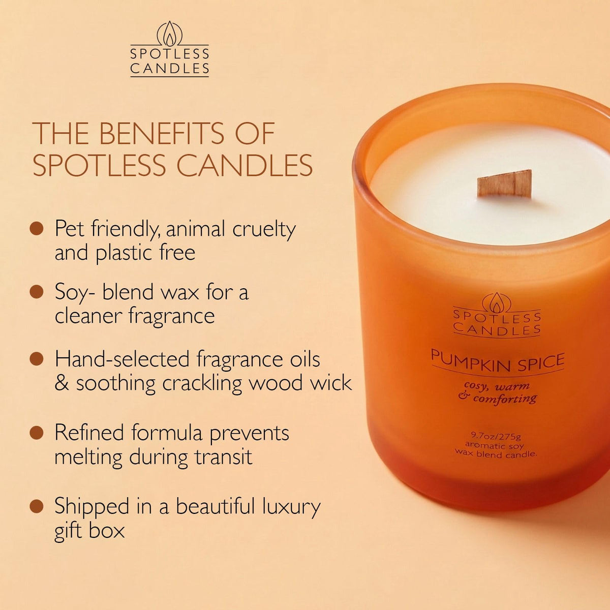 Pumpkin Spice Candle; 9.7 oz:, 55 Hrs Burn Time, Soy Wax Orange Frosted Jar with Crackling Wooden Wick & Luxury Gift Box: Pumpkin Spice Scented Candle by Spotless Candles