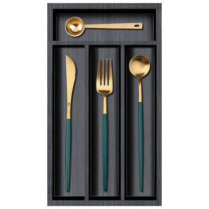 Small Silverware Organizer Narrow Wooden Cutlery Tray 12"x6.7" Spoon Kitchen Utensil Holder for Drawer Divider Bamboo Cutlery Drawer Organizers Storage Black Wood Silverware Tray Flatware Organizer