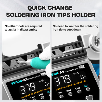 SUGON A9 210/245/115 Precision Soldering Stations, 120W Digital Soldering Iron Kit, with 210/245/115 Soldering Iron Tips and 3 Helping Hands, 212℉-842℉, ℃/℉, 3 Temperature Storage, Sleep mode