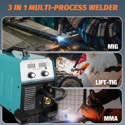 270Amp MIG Welder, 220V Flux Core,Gas, IGBT Inverter, Torch and 2lb Solid Welding Wire, Digital MIG Welder/Lift TIG/Stick 3 in 1 Welding Machine for Steel Welding, Car Repair, Building Works