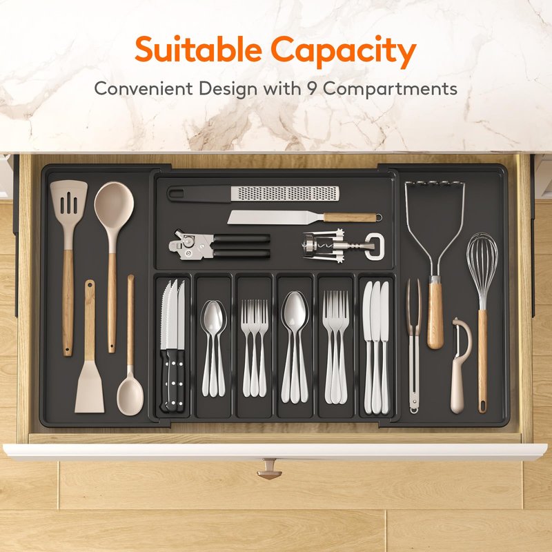 Lifewit Silverware Drawer Organizer, Expandable Utensil Tray for Kitchen, BPA Free Flatware and Cutlery Holder, Adjustable Plastic Storage for Spoons Forks Knives, 18- 33 x 18.5", Black