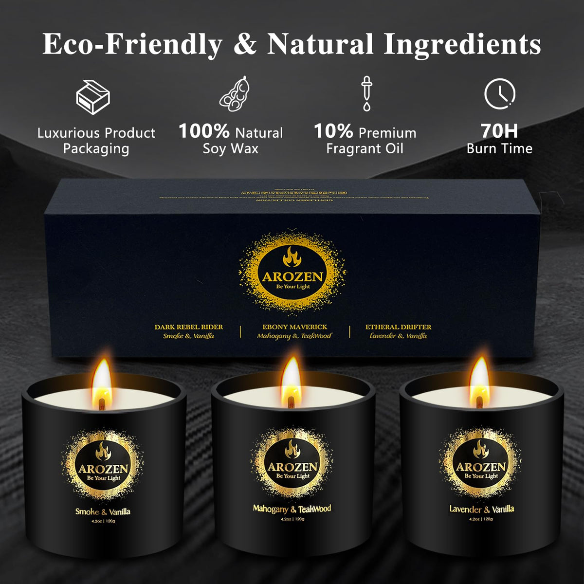 AROZEN 3 Pack Candles for Home Scented, Scented Candles Gifts Set for Men, Aromatherapy Soy Candle of Lavender, Mahogany Teakwood & Smoke Vanilla, Gifts for Men Fathers Day Valentine's Day Present