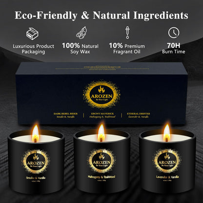 AROZEN 3 Pack Candles for Home Scented, Scented Candles Gifts Set for Men, Aromatherapy Soy Candle of Lavender, Mahogany Teakwood & Smoke Vanilla, Gifts for Men Fathers Day Valentine's Day Present