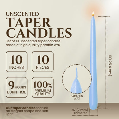 Axiom Candles - 10 Inch Dripless - Unscented Smokeless Tall Candle Sticks - 9 Hour Burn Time - Tapered Candles for Home, Dinners, Weddings, Parties (Taper Candle, Baby Blue, Pack of 10)