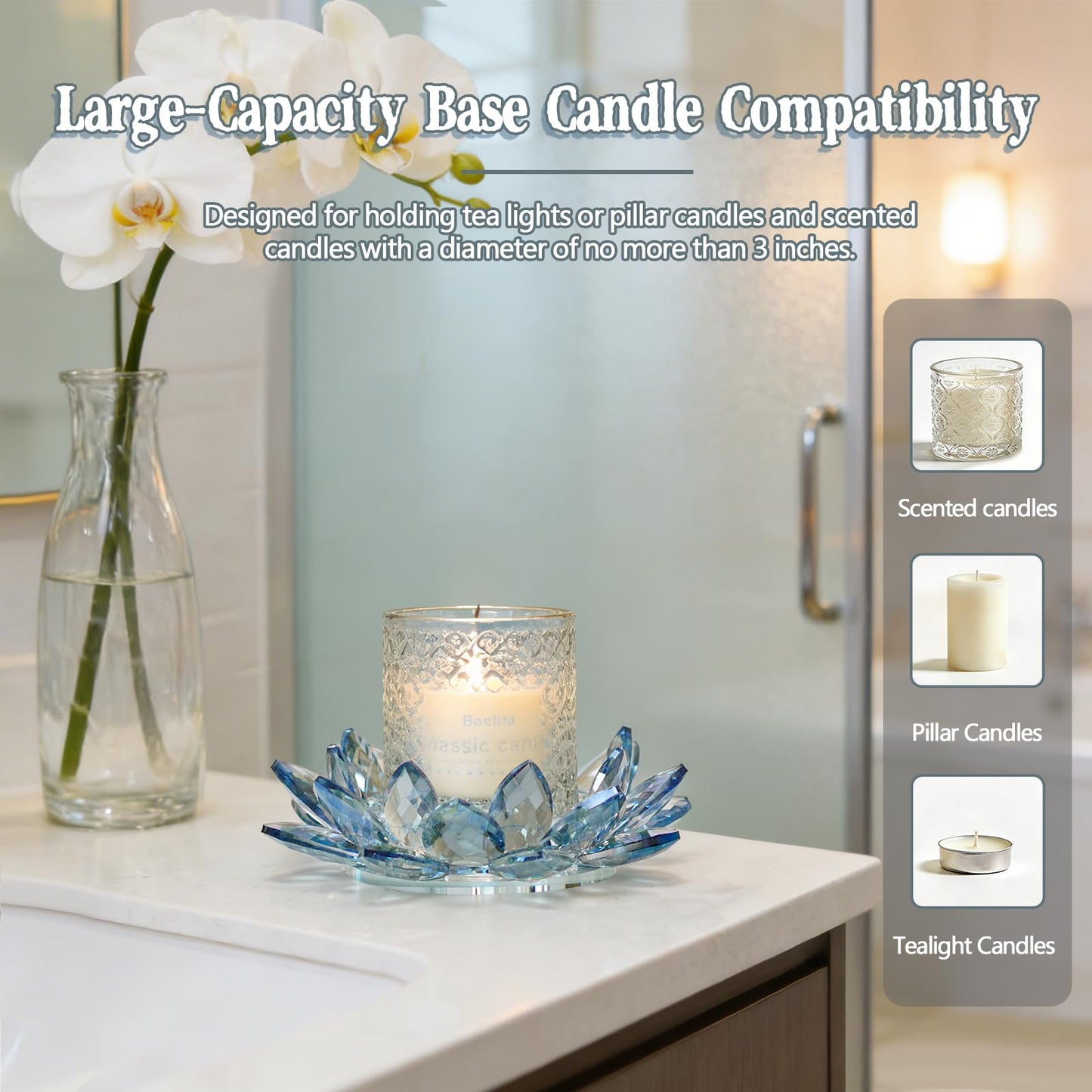 Kolnlala Large Crystal Lotus Tealight Candle Holder for Up to 6" Diameter Pillar Candlestick, Chunky Glass Votive Stand for Wedding, Party, Table Centerpiece Decor and Yoga Meditation (1, Blue)