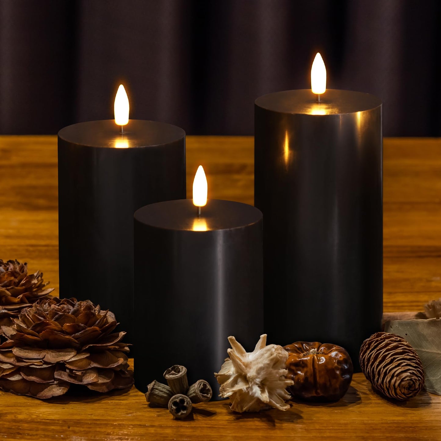 Girimax Black Flameless Pillar Candles with Remote, Flickering LED Wax Candles Battery Operated Set of 3
