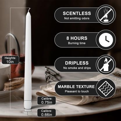 CANDLESEE 4 Pack White Taper Candles丨Taper Candles 10 Inch Dripless丨Unscented & Smokeless Candlesticks Bulk丨7-8 Hours Long Burning Tall Candles丨Ideal for Christmas Weddings Parties Dinner