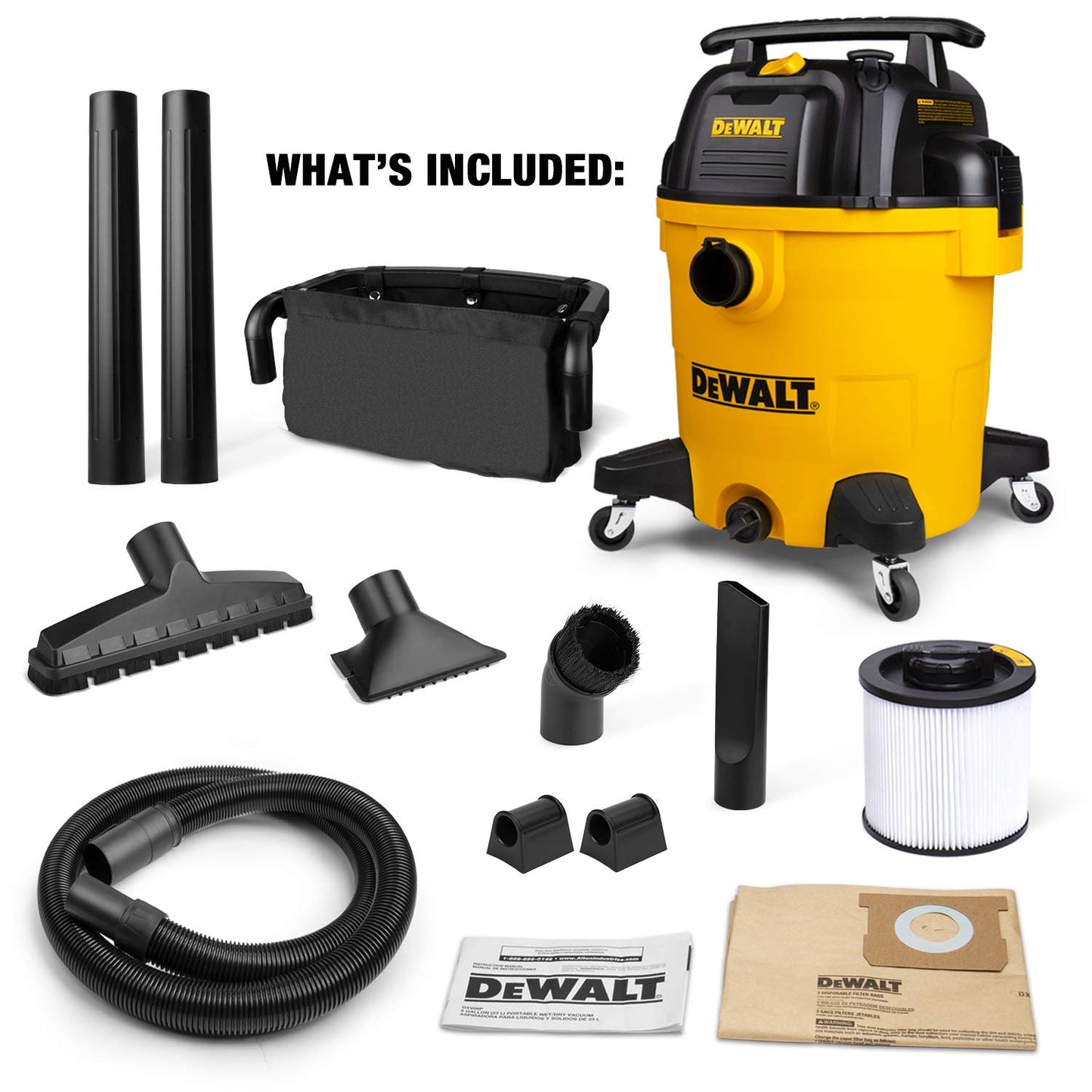 DEWALT 12 Gallon Poly Wet/Dry Vac, 5.5 HP Shop Vacuum Wet Vacuum Cleaner for Workshop, Jobsite, Commericial Area, Large Pick-Up Capacity, Yellow,DXV12P