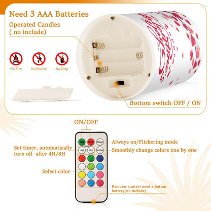 Eionryn Happy Valentine's Day Flameless Candles Red Heart Love Tree Spring Flowers Battery Operated LED Candles with Remote Timer Electric Candles for Home Party Decor 2pcs