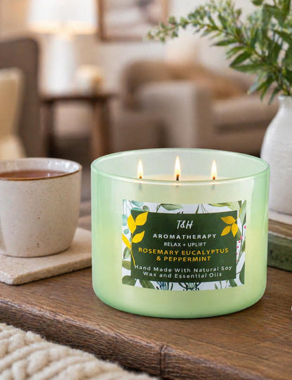 Rosemary Eucalyptus Peppermint 3 Wick Candle for Home Scented | 15.8 oz Large Soy Candle | Spa Aromatherapy Candles for Home Stress Relief | Clean Burn | Gift for Women & Men
