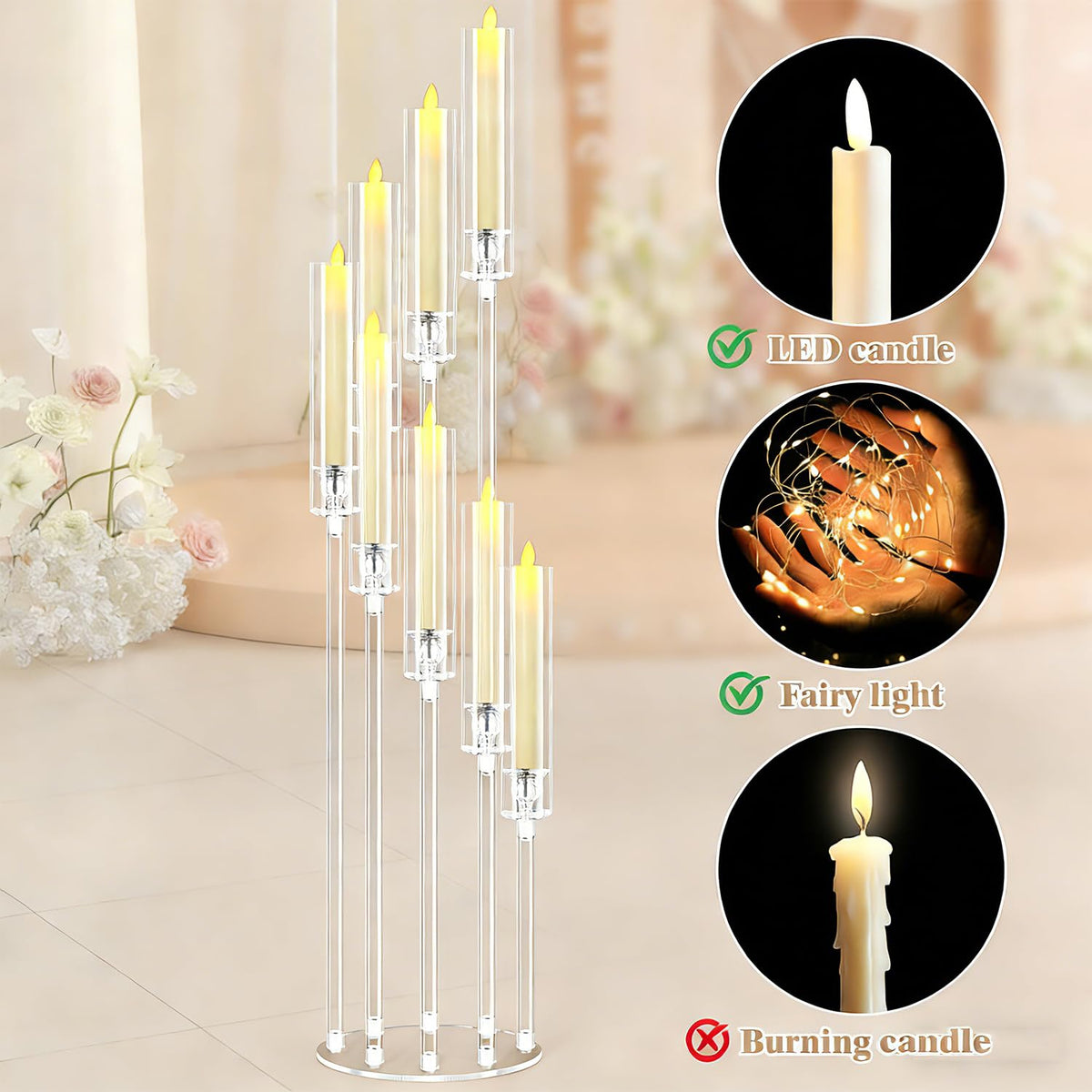 4PCS 8 Arms Clear Candelabra Candle Holder for Wedding, Candelabra Centerpieces for Tables Clear Candlesticks Holder for Housewarming Valentine's Day Easter Gift Birthday Party Fireplace Decor