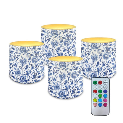 Poceacles Flickering LED Candles Set of 4 with Remote Control, Battery-Powered Flameless Candles Decorative Tealights for Party Indoor Outdoor Decor, Blue Floral Retro