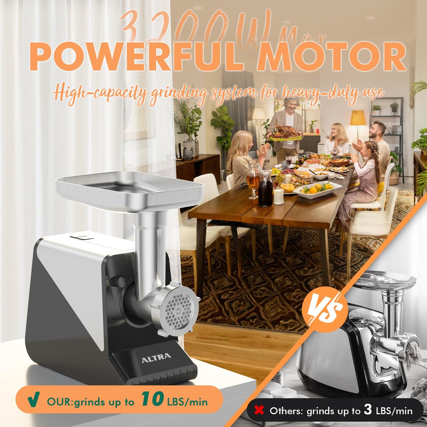 ALTRA LIFE #8 Meat Grinder, [3200W Max] Electric Heavy Duty Sausage Stuff with 2 Stainless Steel Blades and 3 Grinding Plates, Sausage Tube & Kibbe Kit, for Commercial & Home Use