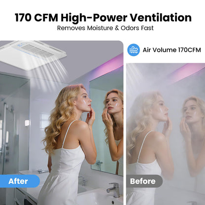 LIVSGREE 5-IN-1 Bathroom Exhaust Fan with Heater 1600W & 3CCT LED Light & Humidity Sensor, & Bluetooth Speaker, 170 CFM, 6-RGB, 1.5 Sone Quiet Ceiling Bath Fan With Remote Control for Bathroom Heating