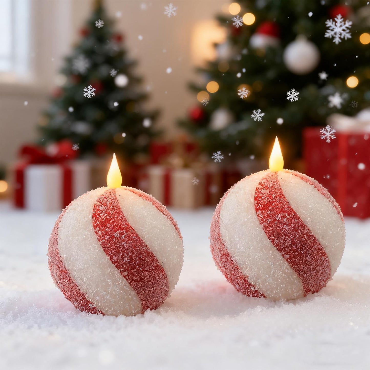 Christmas Sphere Candy-Cane Flameless Candles - Glitter Red&White Real Wax Flickering Ball Candles Battery Operated with Remote, Candy Cane Christmas Decorations, Xmas Tables Centerpieces Decor, 2PCS