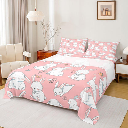 Erosebridal Cute Rabbit Sheet Set Cartoon Bunny Rabbit Pink Fitted Sheet Groovy Flowers Print Bed Sheets Easter Decor Flat Sheet for Kids Boys Girls King Size with 2 Pillowcases