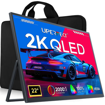 UPERFECT Portable Monitor, 22" 2K QLED 100% DCI-P3 2560×1440 QHD FreeSync HDR Laptop Monitor, w/VESA, Stand, USB-C Mini HDMI Travel Second Monitor for Computer, Phone, Mini PC, Gaming Consoles