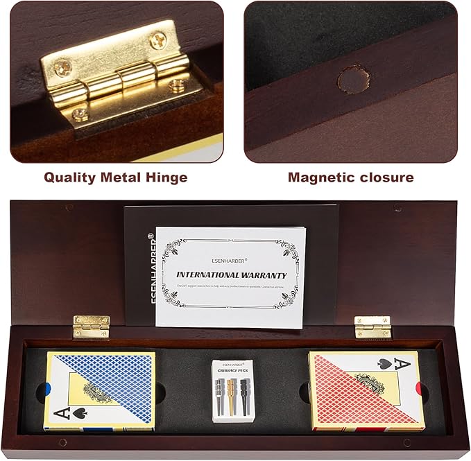Cribbage Board Game Set Premium Wooden Board with Magnetic Lock and Metal Pegs 2 Playing Cards and Large Storage - Travel-Friendly Continuous 3 Track Board