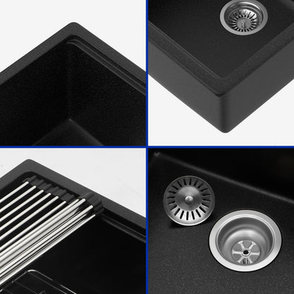 Dcolora 18"x18" Matte Black Bar Sink, Quartz Composite Single Bowl Prep Sink for Small Kitchen, Wet Bar and Kitchen Island, Dual Mount Drop In Undermount Sink with Full Size Wood Cutting Board