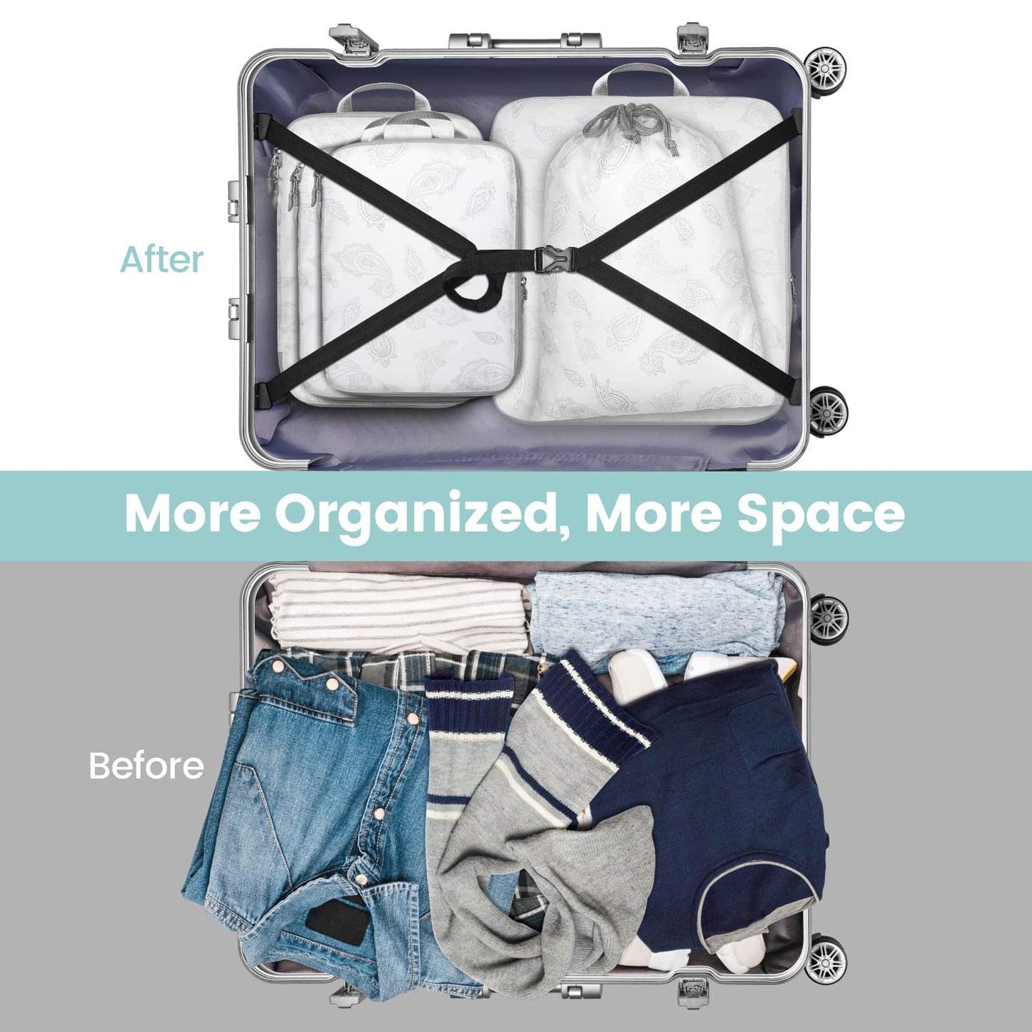 Cambond Compression Packing Cubes for Travel, 5 Pack Luggage Expandable Packing Organizers Compression Cubes for Suitcases with Laundry Bag, White Teardrop-shaped Texture