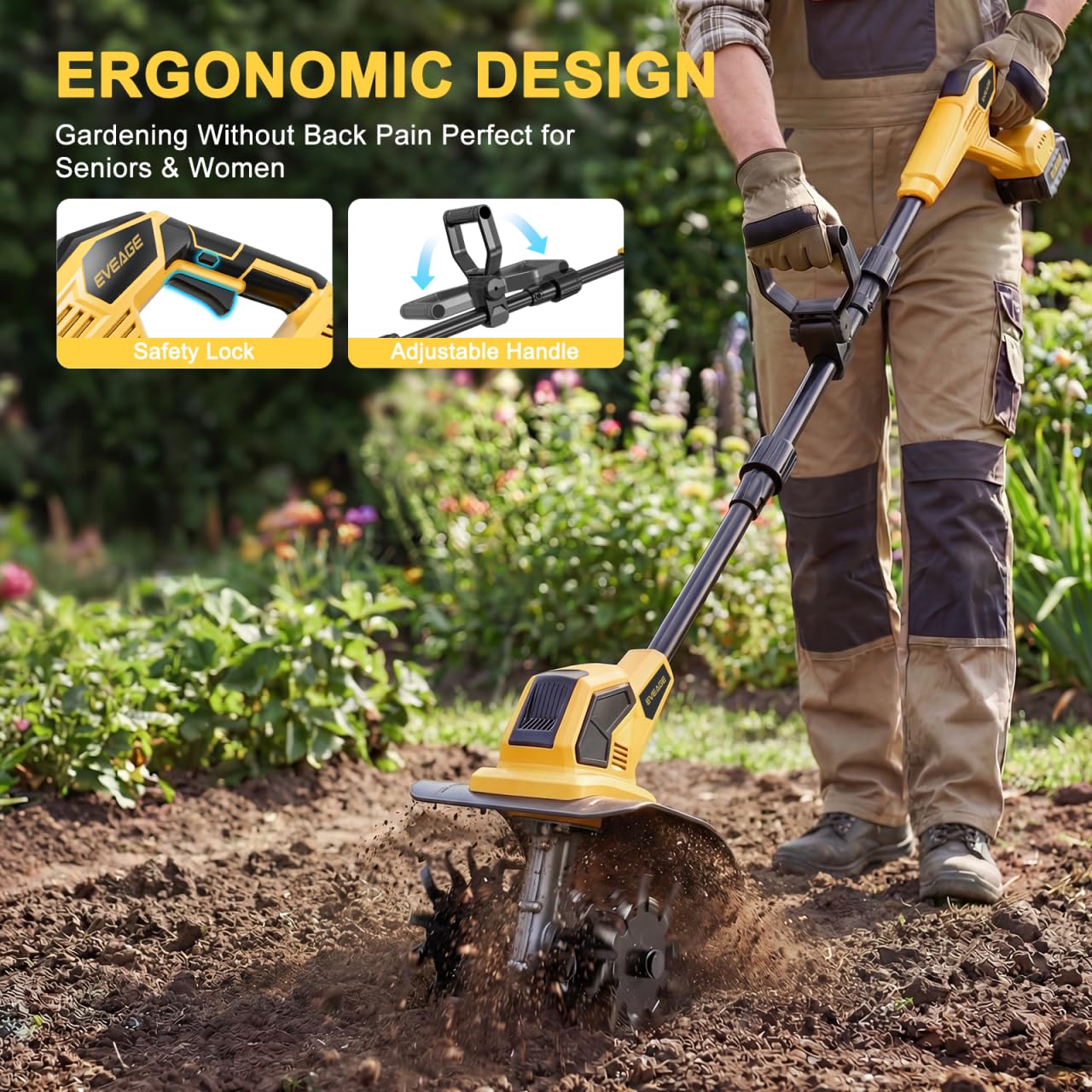 21V Cordless Tiller Cultivator, 2x4.0Ah Battery Powered Electric Garden Tiller, 360RPM Rototiller with 48 Steel Tines, 9.7" Width & 7" Depth, Lightweight Soil Tiller for Gardening