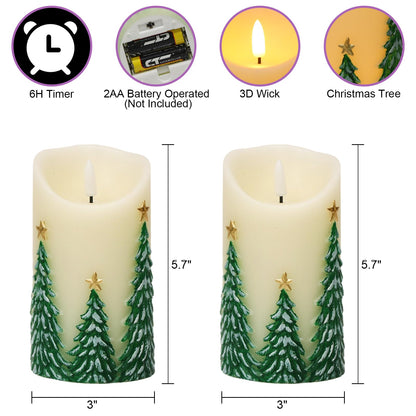 Lasumora Christmas Tree LED Candles with 6H Timer, flameless Candles with Flickering Flame, Waxy Pillar 2 Pack Flickering Star Decor for Fall Christmas Decor (3 inches x 5.7 inches)