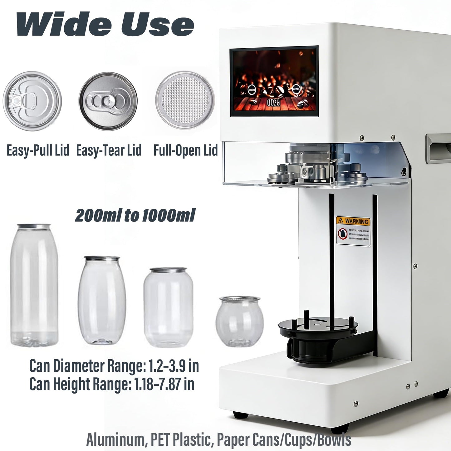 Fully Automatic Soda Can Sealer Machine, Pro Commercial Can Sealing Canning Machine, LED Touch Screen & Counter, for Aluminum/Plastic/Paper Cans/Cups, 1.2”-3.9” Dia. Lid, 1.2”-7.9” Height